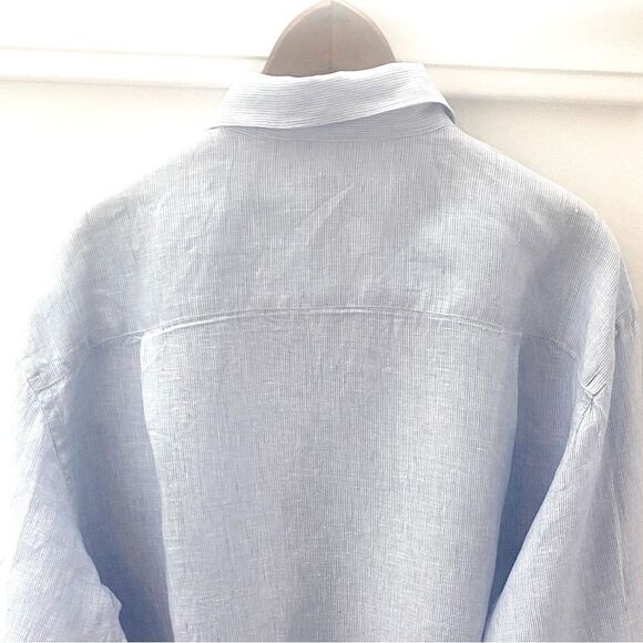 J. McLaughlin Linen Button Down Shirt Men’s XL Light Blue Stripe Classic Preppy - Picture 11 of 14